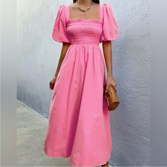Seven Wonders the Label Islay Hot Pink Smocked Midi Maxi Dress size M cotton - Picture 1 of 7